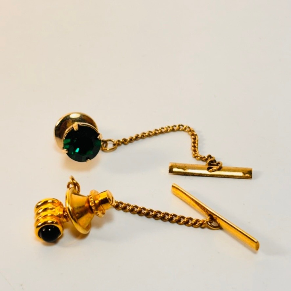 Vintage Tie Tacks Gold Green Black Faux Emerald Formal Dark Academia‎ Preppy
